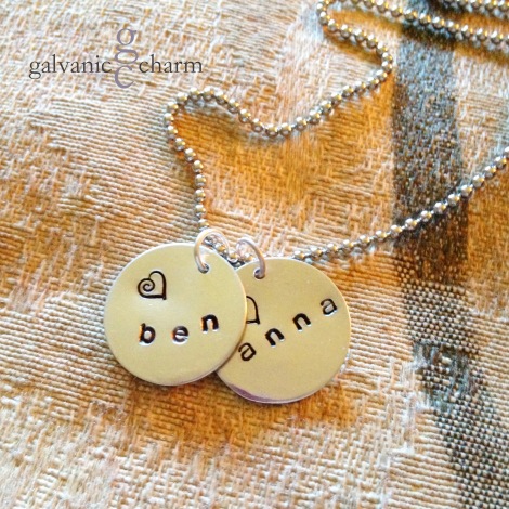 BENANNA - Mother's necklace with two 1/2" hand-stamped circles. 3mm lowercase Gothic font. Stainless steel ball chain. $25 as shown.